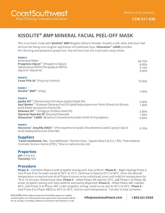 Kisolite BMP Mineral Facial Peel-Off Mask Formula PDF