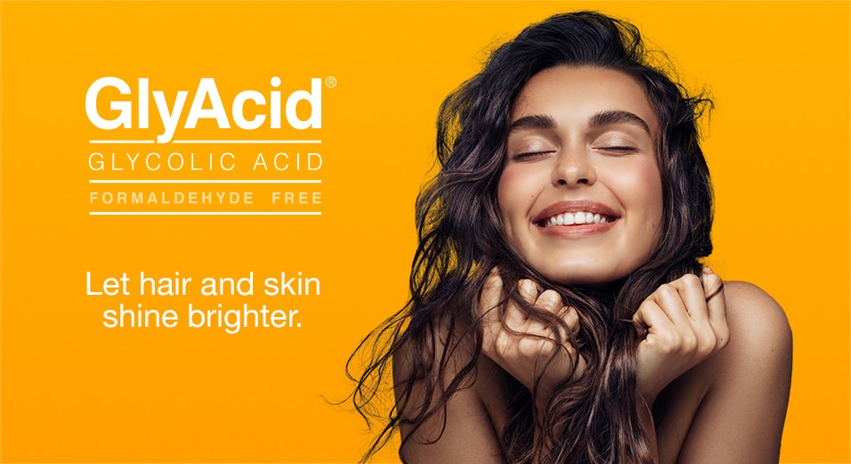 Happy woman and text: GlyAcid Glycolic Acid Formaldehyde Free - let hair and skin shine brighter.